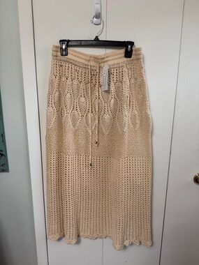 Cream Crochet Maxi Skirt with Drawstring Waist Swim coverup
